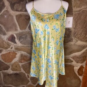 Yellow Satin Slip Dress Blue Floral Size Large Strap Nightie Chemise